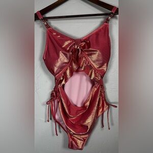 Coral Pink and Gold Women's Cutout Ruffle Tie Side One Piece Swim Size Large